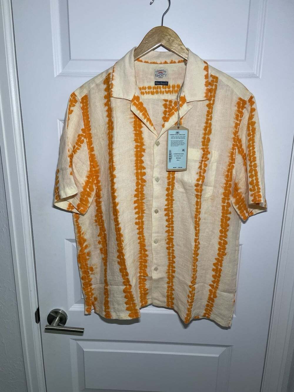 New Faherty Shibori Palma Linen Shirt Camp Citrus Valley/Orange Cream NWT $168